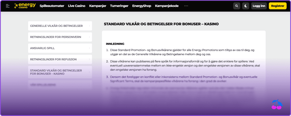 Energy Casino bonusvilkår
